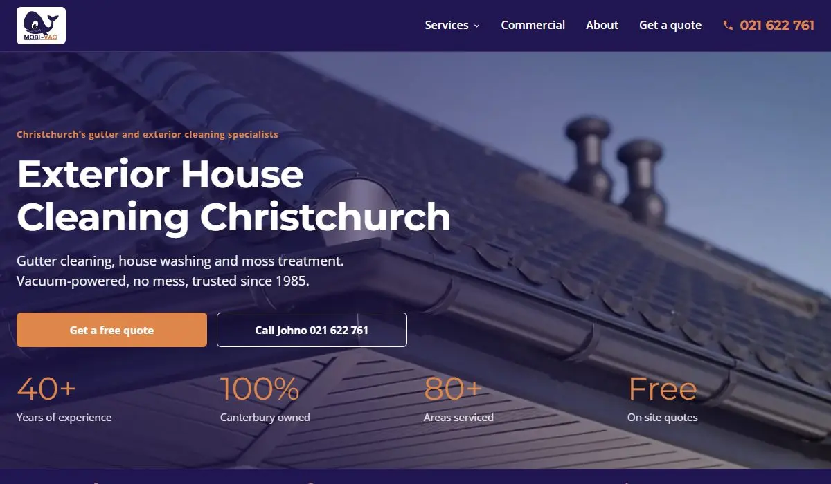 The Mobi-Vac website homepage: Exterior House Cleaning Christchurch